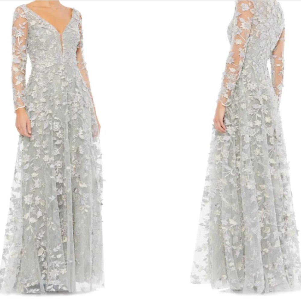 MAC DUGGAL Floral Appliqué Long Sleeve A-Line Gown
